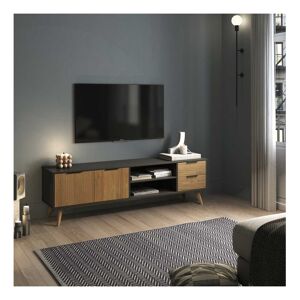 Tousmesmeubles Meuble TV 2 portes 2 niches 2 tiroirs Noir/Bois - PIGMENT - L180 x l40 x H53 cm