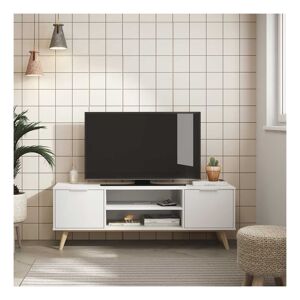 Tousmesmeubles Meuble TV 2 portes 2 niches Blanc - UNIVERSITE - L140 x l40 x H53 cm