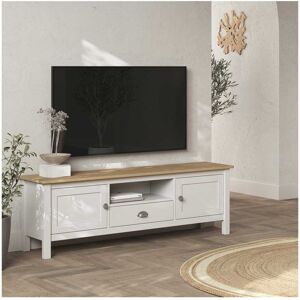 Tousmesmeubles Meuble TV 1 niche 2 portes 1 tiroir Blanc/Bois - VOLCAN - L158 x l40 x H53 cm