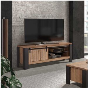 Tousmesmeubles Meuble TV 1 porte 2 niches Chene Miel/Noir - ADRIEN - L 150 x l 45 x H 59 cm