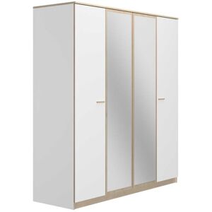 Tousmesmeubles Armoire 4 portes 2 miroirs Blanc/Chêne blond - MAILLE - L 181 x l 60 x H 200 cm