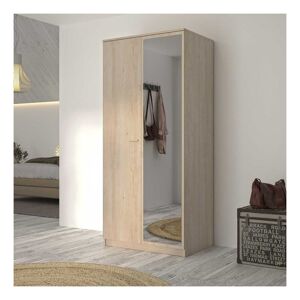 Tousmesmeubles Armoire 2 portes 1 miroir Chêne blond - MAILLE - L 91 x l 60 x H 200 cm