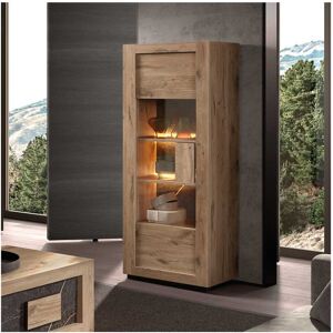 Tousmesmeubles Vitrine 1 porte Chêne à Led - CLEM - L 70 x l 43 x H 174 cm