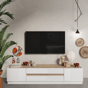 Tousmesmeubles Meuble TV 2 portes 2 tiroirs Blanc brillant/Chene naturel - IMOLA - L 205 x l 40 x H 44 cm