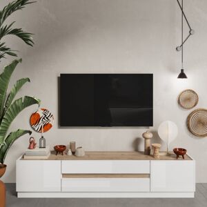 Tousmesmeubles Meuble TV 2 portes 2 tiroirs Blanc brillant/Chêne naturel - IMOLA - L 205 x l 40 x H 44 cm