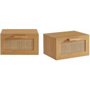 Drawer June - Lot de 2 tables de chevet murales avec rangement en bois et cannage - Couleur - Bois clair