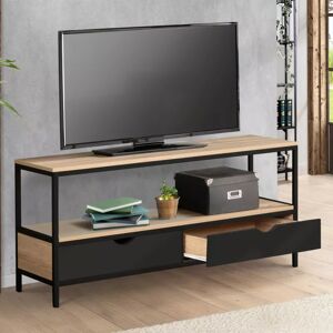 IDMarket Meuble TV en bois et metal noir 2 tiroirs
