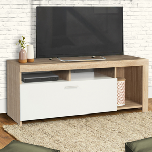 IDMarket Meuble TV bois et placard blanc moderne