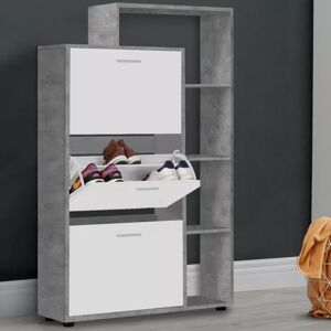 IDMarket Meuble à chaussures bois effet béton 3 portes blanches avec étagères