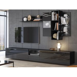 Mobistoxx Mur tv-hifi HELA 3 portes 1 tiroir noir/noir brillant sans led