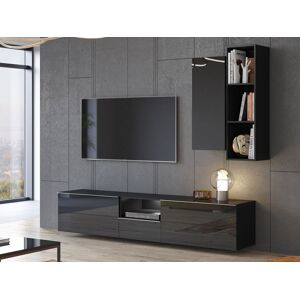 Mobistoxx Mur tv-hifi HELA II 3 portes 1 tiroir noir/noir brillant avec led - Publicité