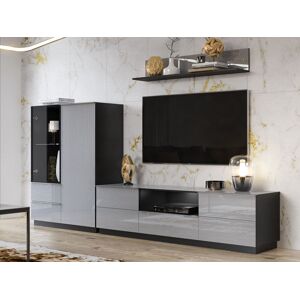 Mobistoxx Mur tv-hifi HELA 4 portes 3 tiroirs noir/gris brillant avec led