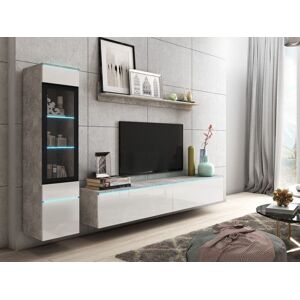 Mobistoxx Mur tv-hifi VITTORIO 4 portes beton/blanc brillant avec led