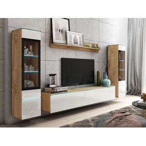 Mobistoxx Mur tv-hifi VITTORIO 6 portes chêne wotan/blanc brillant avec led