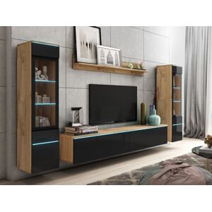 Mobistoxx Mur tv-hifi VITTORIO 6 portes chêne wotan/noir brillant avec led