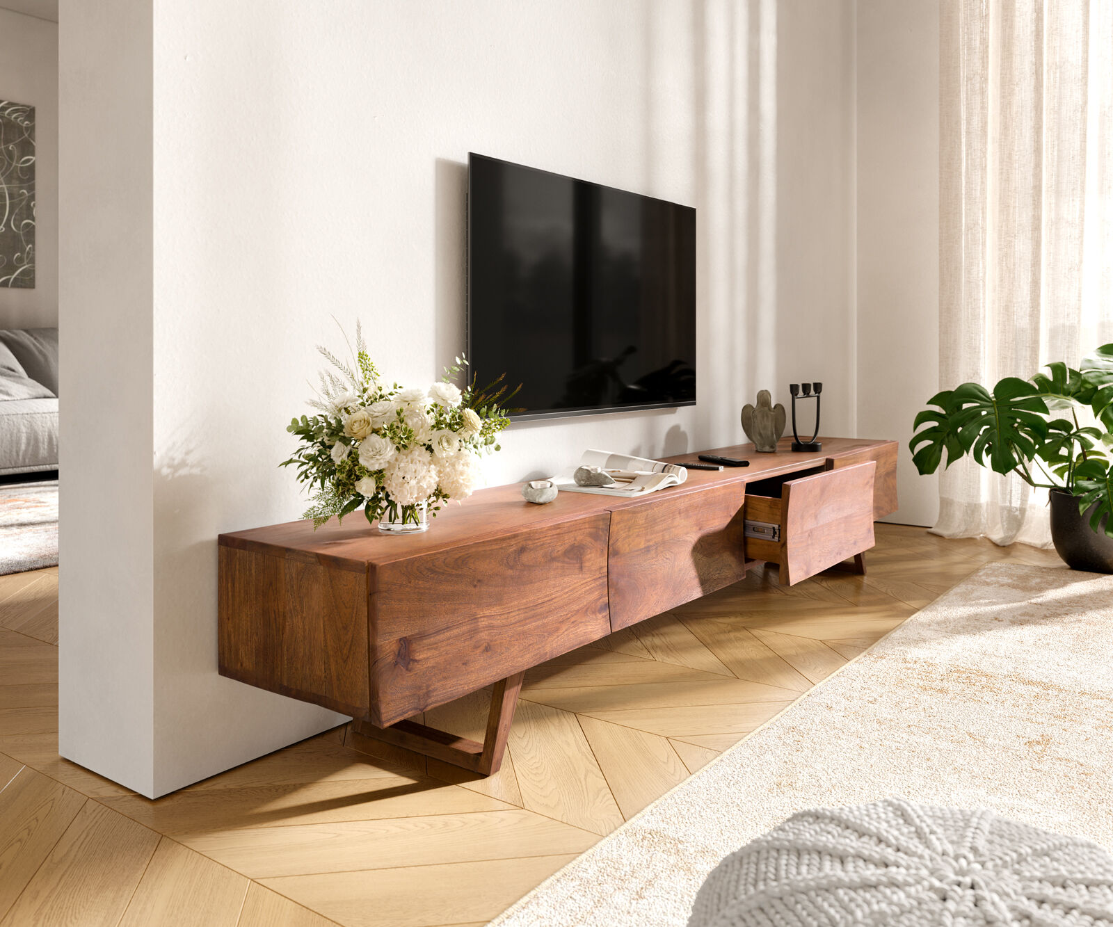 DELIFE Meuble-TV Wyatt 220 cm marron acacia 4 tiroirs