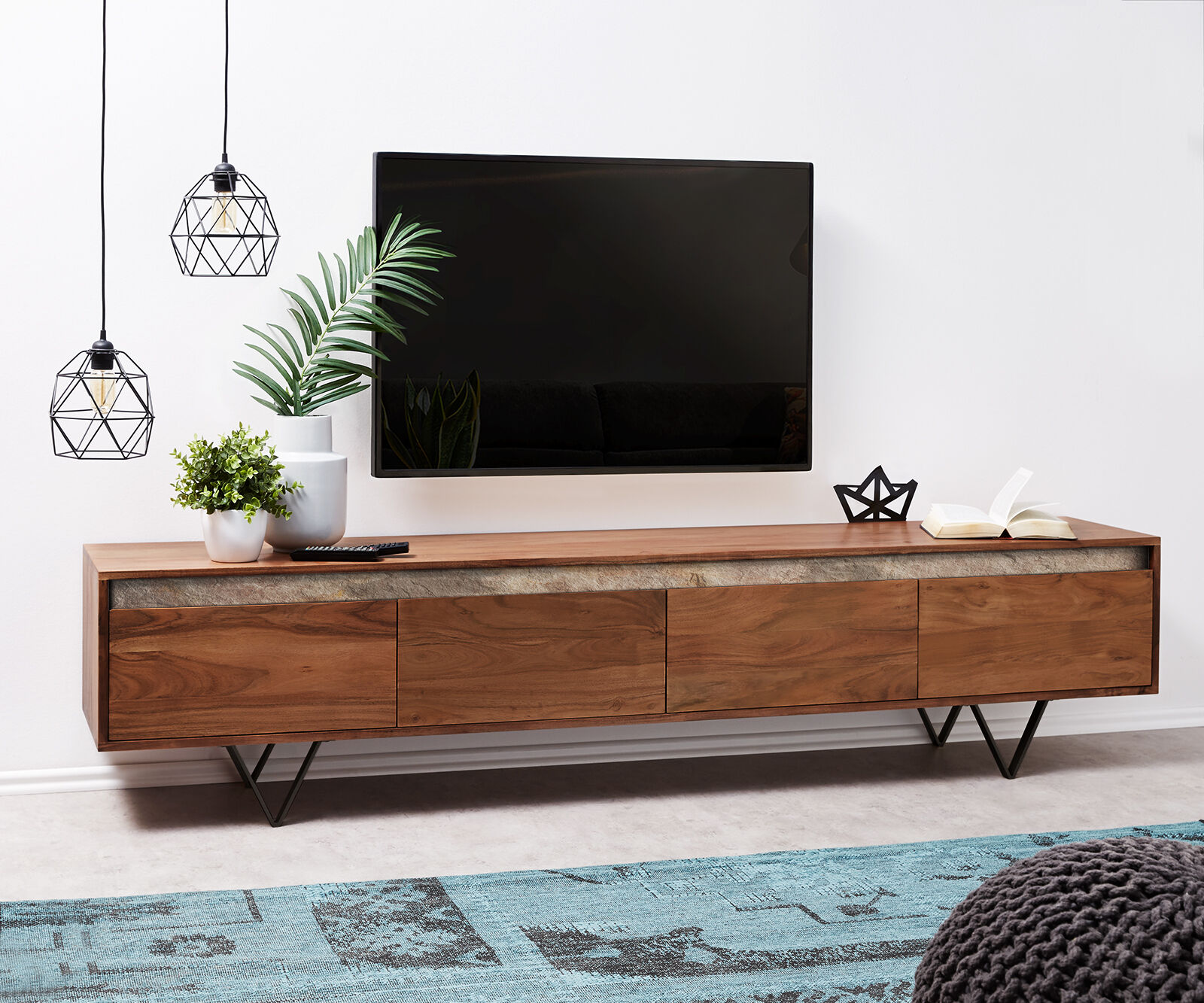 DELIFE Meuble-TV Stonegrace 200 cm acacia marron ardoise 4 tiroirs pied en V noir