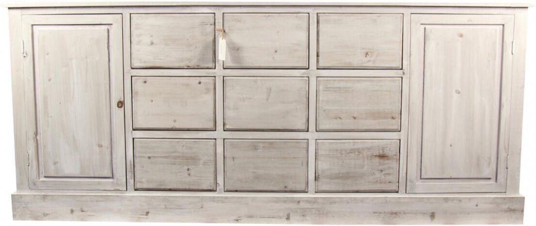 Décoration d'Autrefois Meuble Semainier Chiffonnier Grainetier Bois 9 Tiroirs Cerusé Blanc Nu 210x54x90cm