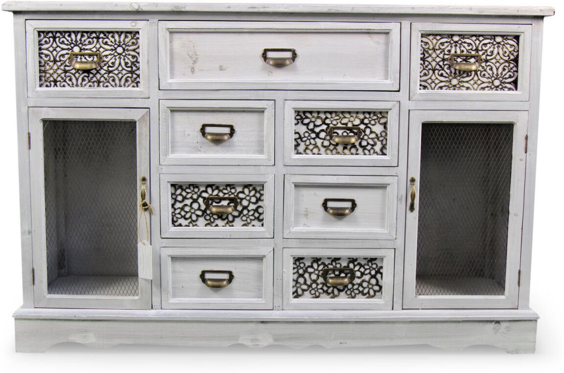 Décoration d'Autrefois Meuble Bas Rangement Bois Cerusé Blanc 9 Tiroirs 124.5x34x82cm