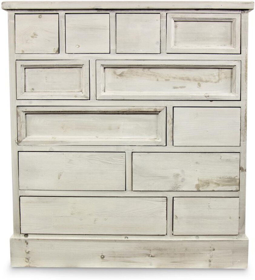 Décoration d'Autrefois Meuble Semainier Chiffonnier Grainetier Bois Cerusé Blanc 12 Tiroirs Nu 84x32x92cm