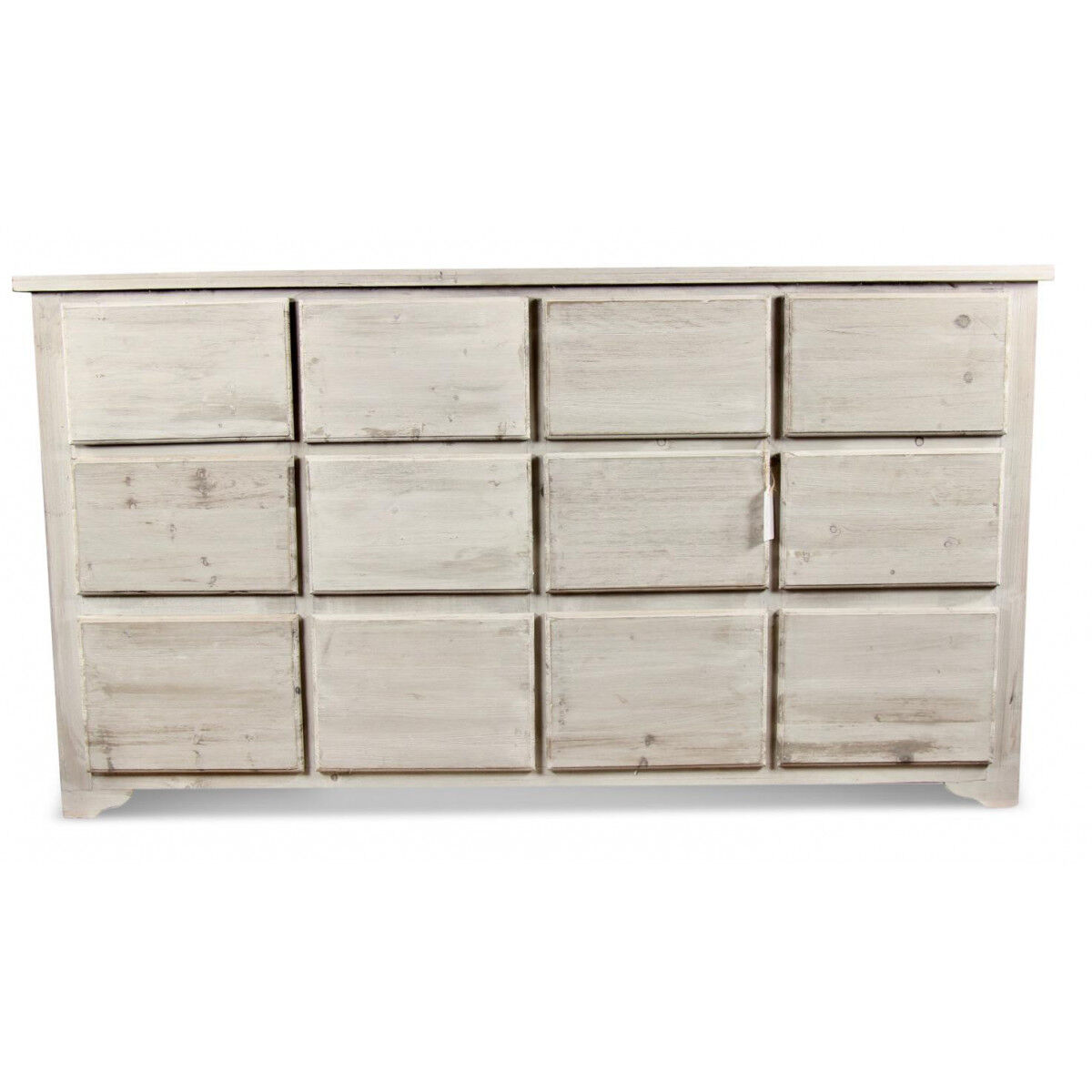 Décoration d'Autrefois Meuble Semainier Chiffonnier Grainetier Bois 12 Tiroirs Cerusé Blanc Nu 167x54x91cm