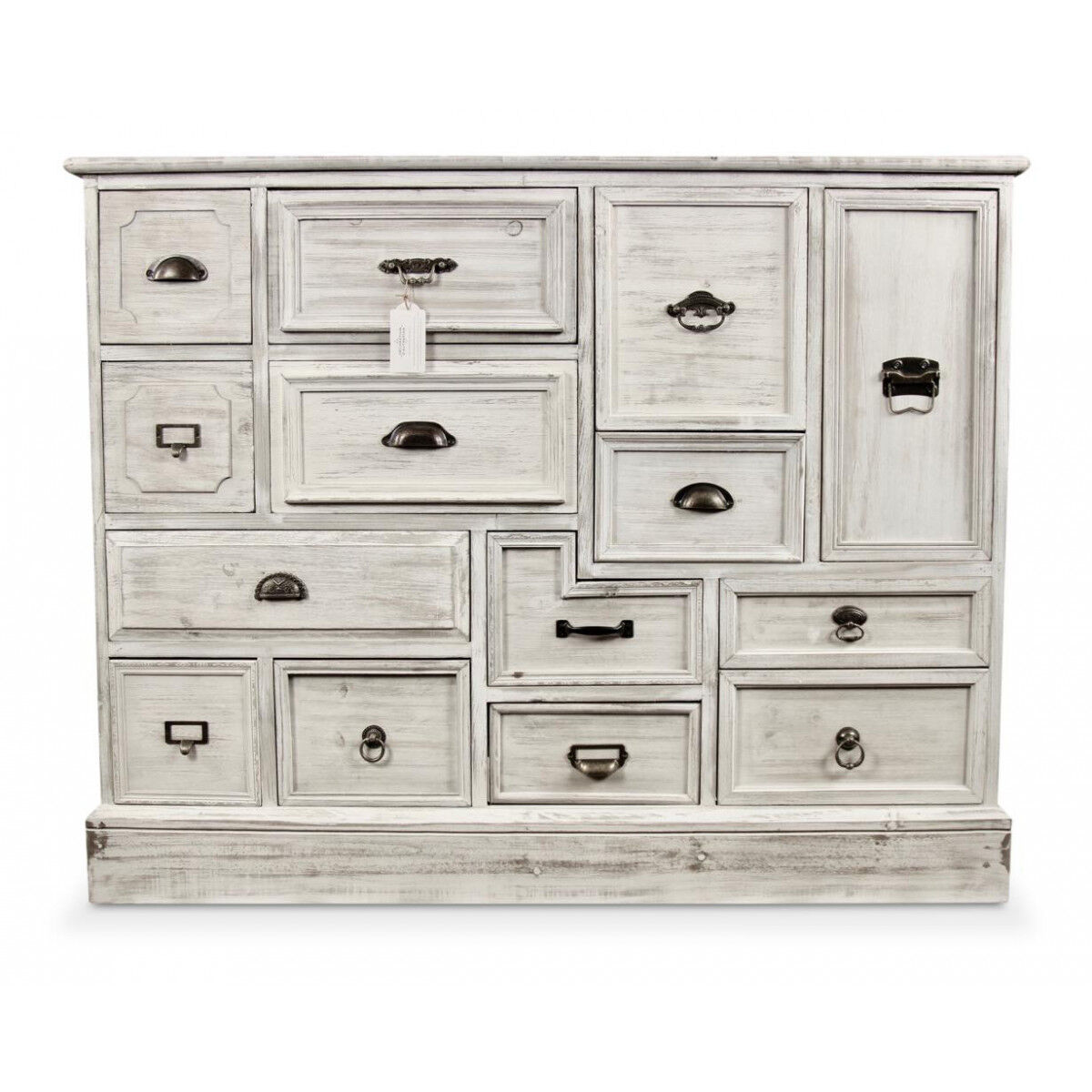 Décoration d'Autrefois Meuble Semainier Chiffonnier Grainetier Bois 14 Tiroirs Cerusé Blanc 125x40x99cm