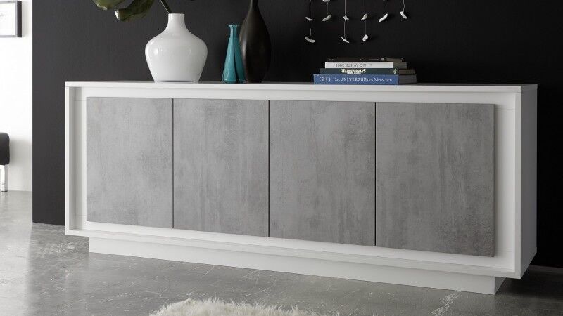 gdegdesign Buffet bahut design 4 portes béton et laqué blanc mat - Dov