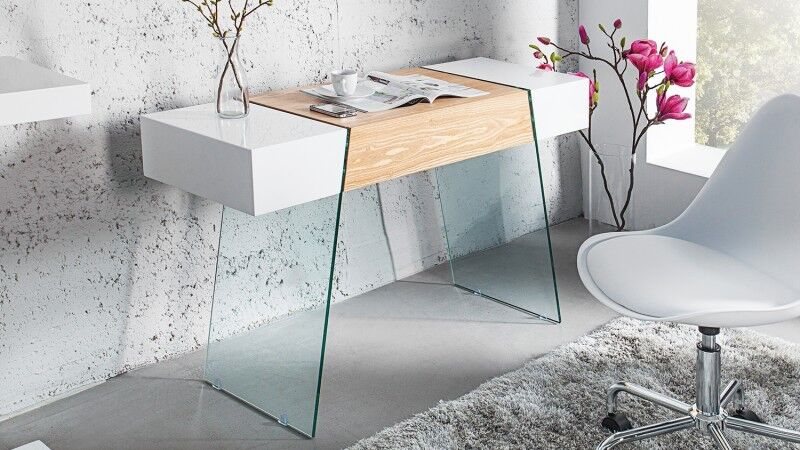 gdegdesign Console design 1 tiroir blanc brillant et bois de chêne avec verre - Varberg