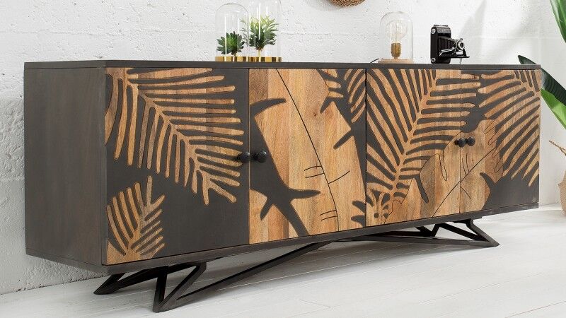 gdegdesign Buffet bahut bois massif tropical exotique gris motifs végétaux - Paco