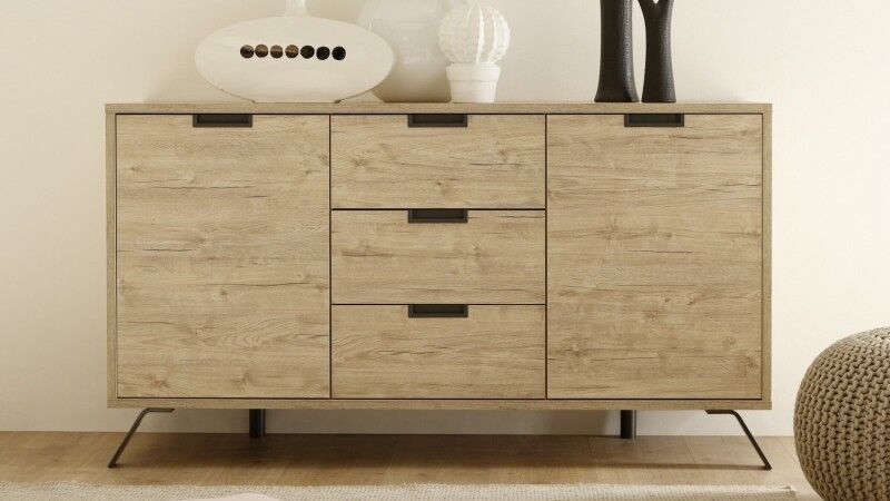 gdegdesign Buffet bahut bois clair 2 portes + 3 tiroirs - Vram