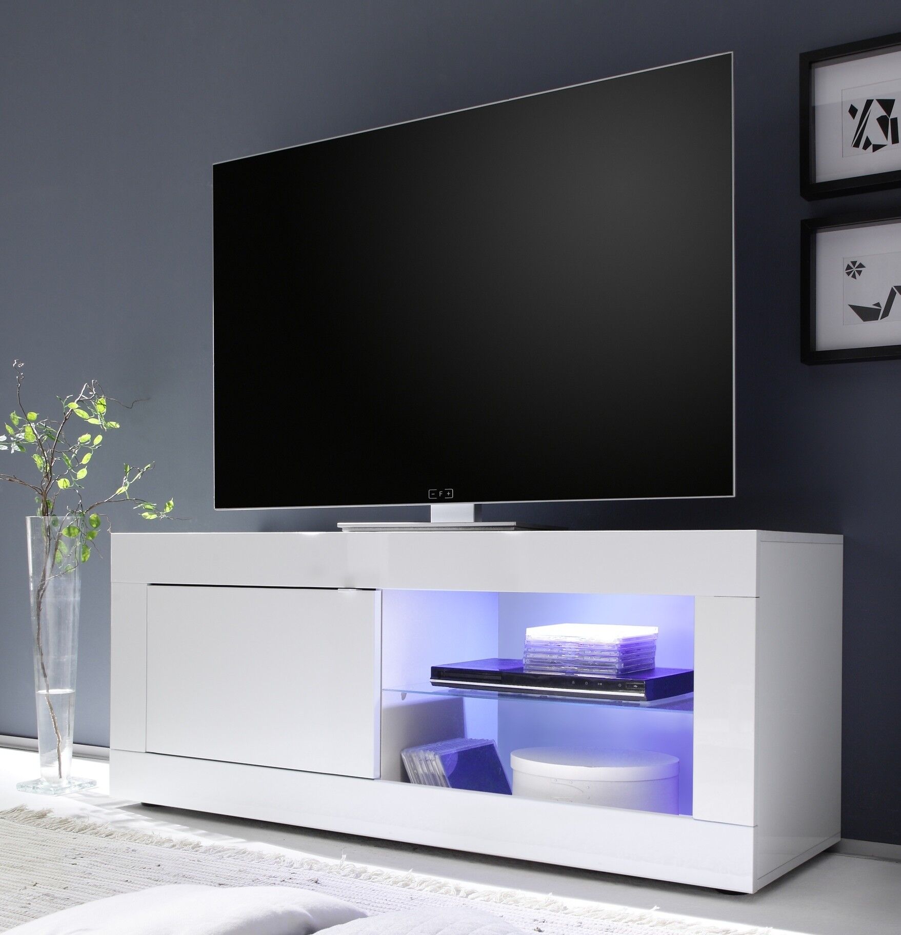 gdegdesign Meuble TV 1 porte blanc uni avec LED - Lernig Small