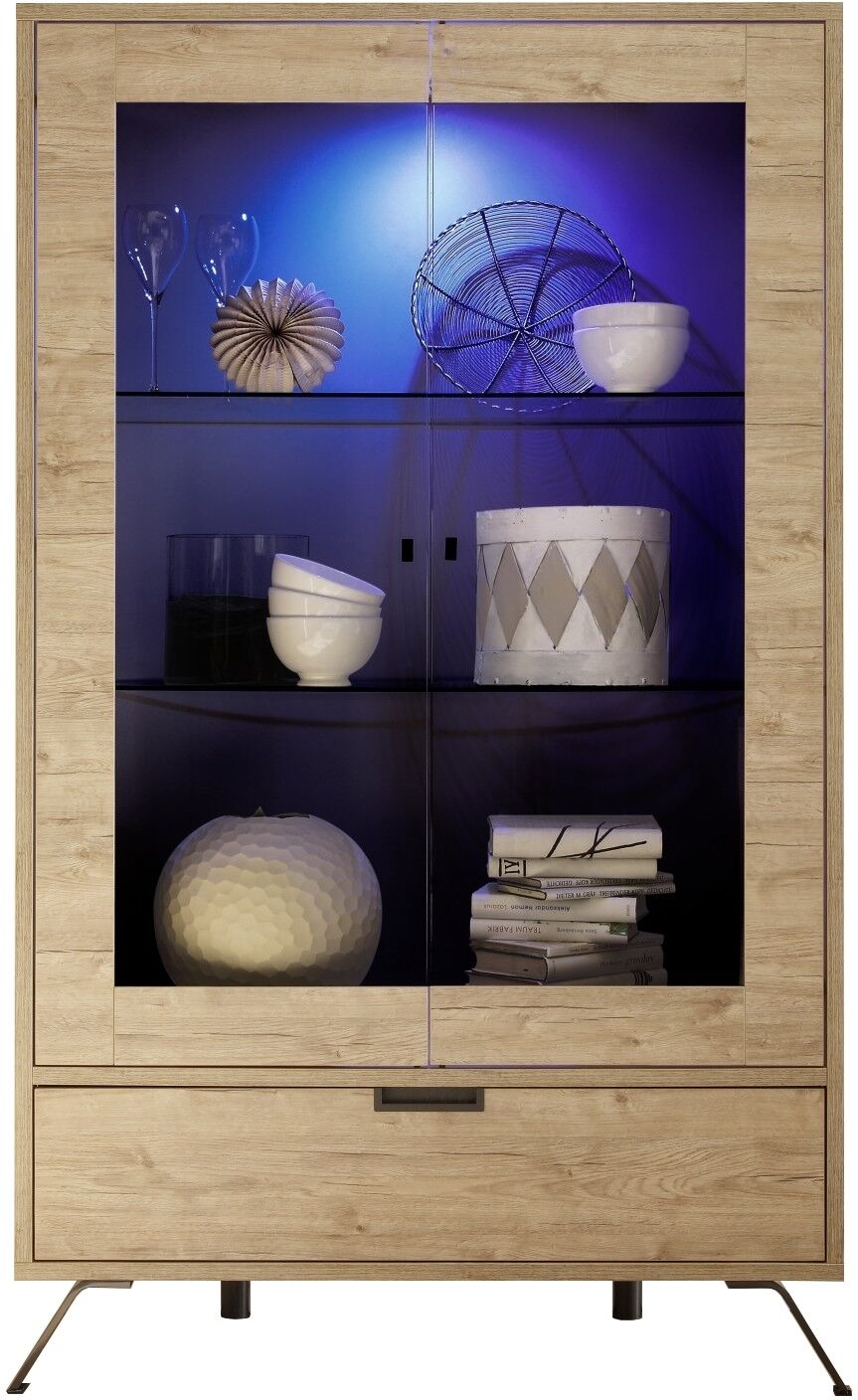 gdegdesign Vitrine design LED bois clair 2 portes et 1 tiroir - Vram