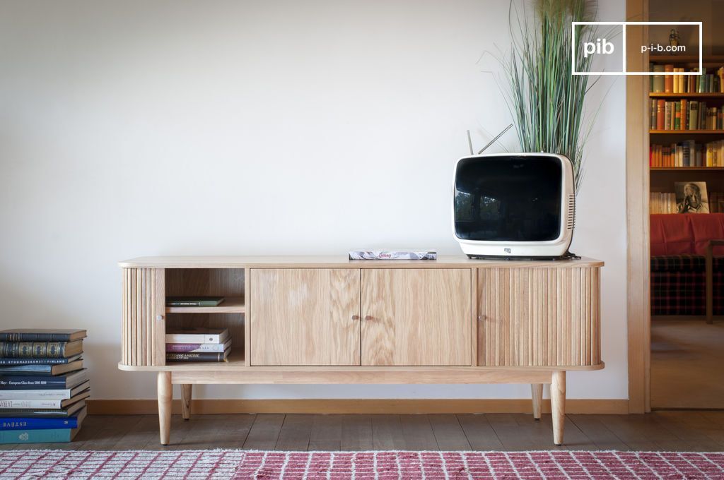 PIB Meuble TV scandinave en bois avec rangement à rideaux Ritz