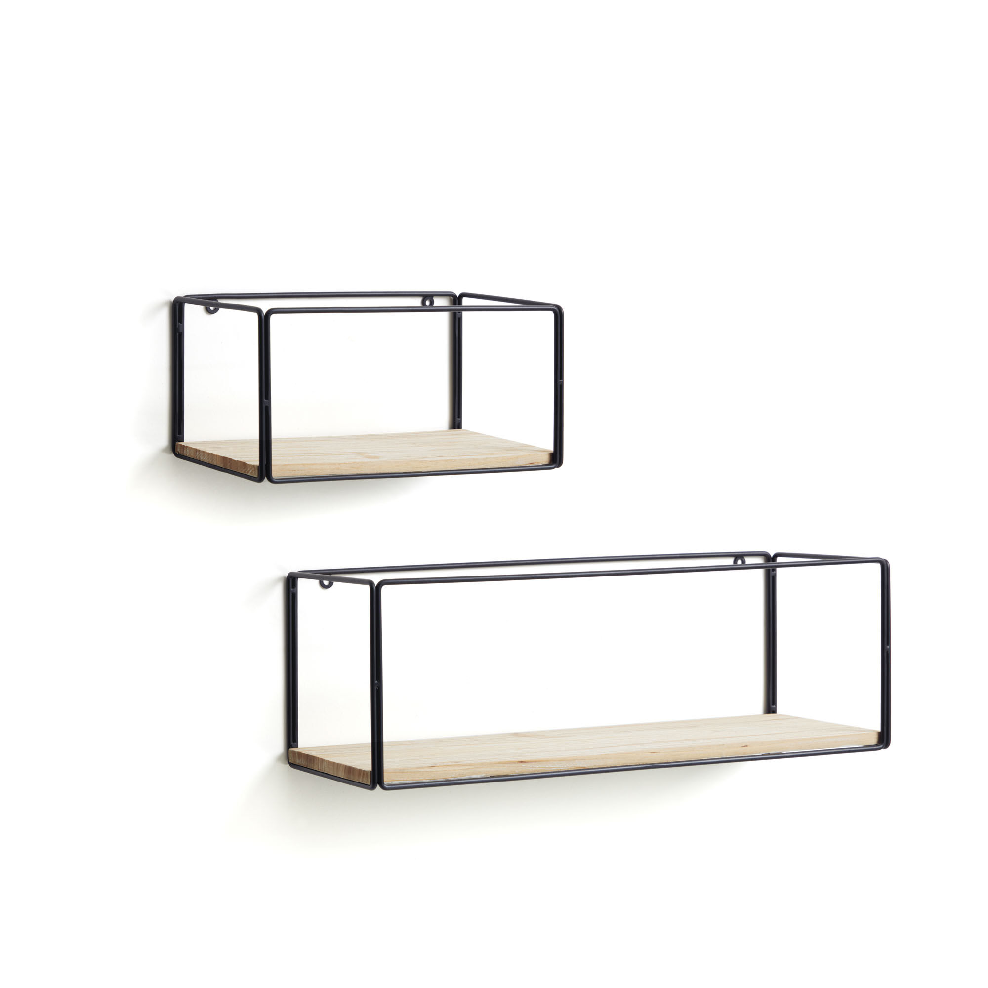 Kave Home Nezz set of two shelves in solid fir and black steel 30 x 15 and 50 x 17 cm