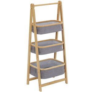 Homcom Mobile Bagno Pieghevole con 3 Cassetti in Tessuto, Scaffale Salvaspazio a 3 Ripiani in Bambù e Poliestere Grigio, 45x31.5x108cm