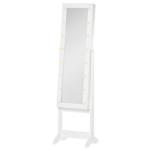 Homcom Armadio Portagioie Portagioielli Specchio Regolabile e Luci LED, Legno, Bianco, 36x30x136 cm