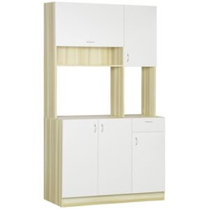 Homcom Mobile Buffet a 4 Porte per Cucina con 3 Armadietti, Cassetto, Pensile e Piano d'Appoggio in Truciolato, 102x48x180cm, Bianco e Color Legno