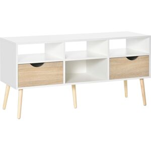 Homcom Mobile TV con Cassetti e Vani Aperti per TV fino 50'', Mobiletto Basso da Salotto con Gambe in Legno, 117x39x57cm, Bianco