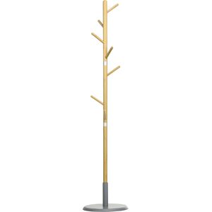 Homcom Appendiabiti da Terra Stiloso per Ingresso, MDF e Bambù, 8 Ganci, Base Rotonda, Ø37.8x175.6 cm - Legno e Grigio