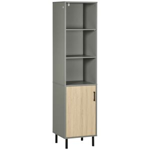 Homcom Mobile multiuso in Truciolato e Metallo con 2 Ripiani Aperti e Armadietto a 3 Livelli, 40x38x170cm, Grigio e color Rovere