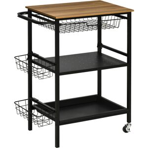 Homcom Carrello da Cucina a 3 Livelli con 2 Ruote, un Cesto Estraibile e un Vassoio in MDF e Acciaio, 75x43.5x91 cm, color Legno e Nero