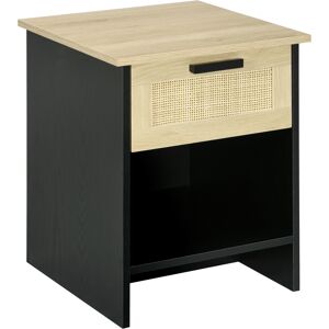 Homcom Comodino per Camera da Letto in Stile Boho Chic in Legno e Rattan, Comodino con Cassetto e Ripiano, 40x40x50cm, Nero e Naturale