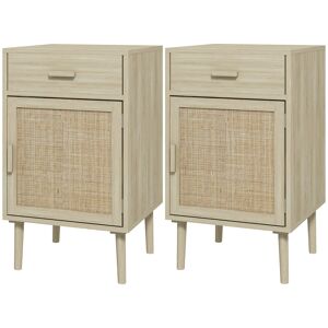 Homcom Set 2 Comodini per Camera da Letto con Cassetto e Anta in Rattan Stile Boho, Colore Legno