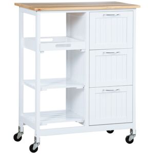 Homcom Carrello da Cucina con 3 Cassetti, 2 Ripiani Aperti e Vassoio Rimovibile, in MDF e Legno di Pino, 67x37x84 cm