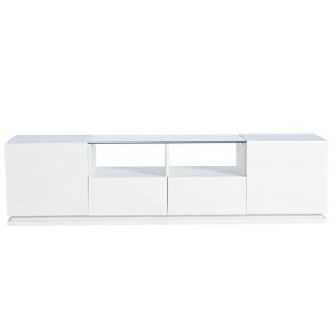 Gl Store Mobile TV Lucido con Ripiani in Vetro, 2 Cassetti, 2 Ante e Luce LED, 165x38x43 cm, Bianco