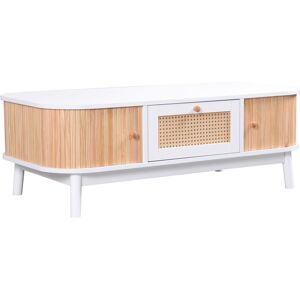 Gl Store Tavolino da Salotto in Rattan con Cassetti e Ante dallo Stile Rustico Naturale, Bianco