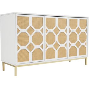 Gl Store Credenza a Tre Ante con Porte in Rattan Strutturato, Ripiani Regolabili e Piedini Dorati, Bianco