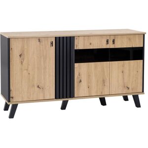 Gl Store Credenza Design in Legno e Nero 140 x 78 x 41 cm con Illuminazione a LED, Vetro e Ampio Spazio per Riporre, Naturale