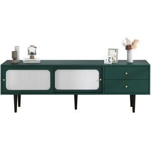 Pd-1 Mobile TV Elegante in Verde con Ante Scorrevoli in Rattan Bianco, 2 Cassetti e 4 Scomparti Regolabili, Verde