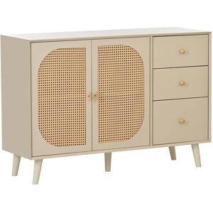 Pd1 Credenza Moderna per Soggiorno con 2 Ante in Rattan e 3 Cassetti, Multiuso e Spaziosa, Bianco